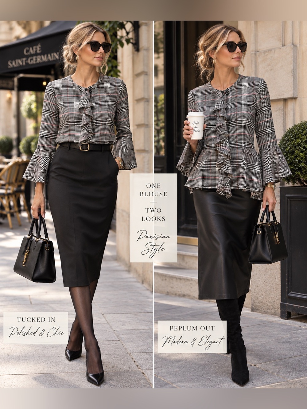 Peter Nygard Black Plaid Ruffle-Front Blouse